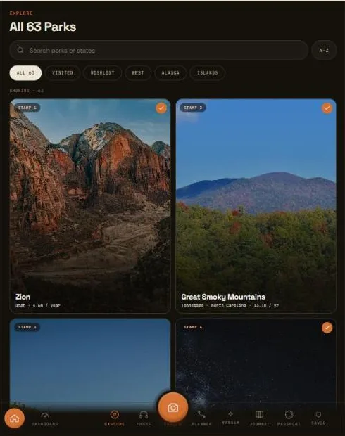 Explore screen showing all 63 national parks