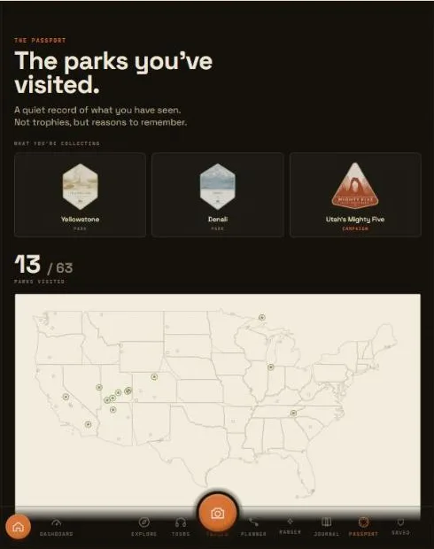 Passport screen showing 13 of 63 parks visited