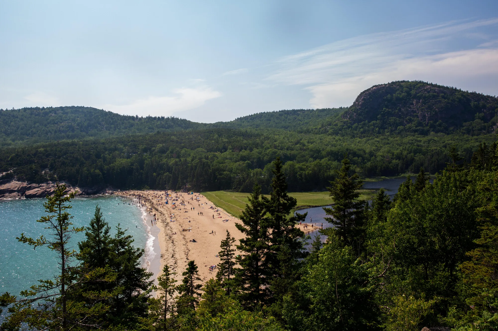 Iron rungs and ledges on the Beehive Trail above the coast, Acadia National Park