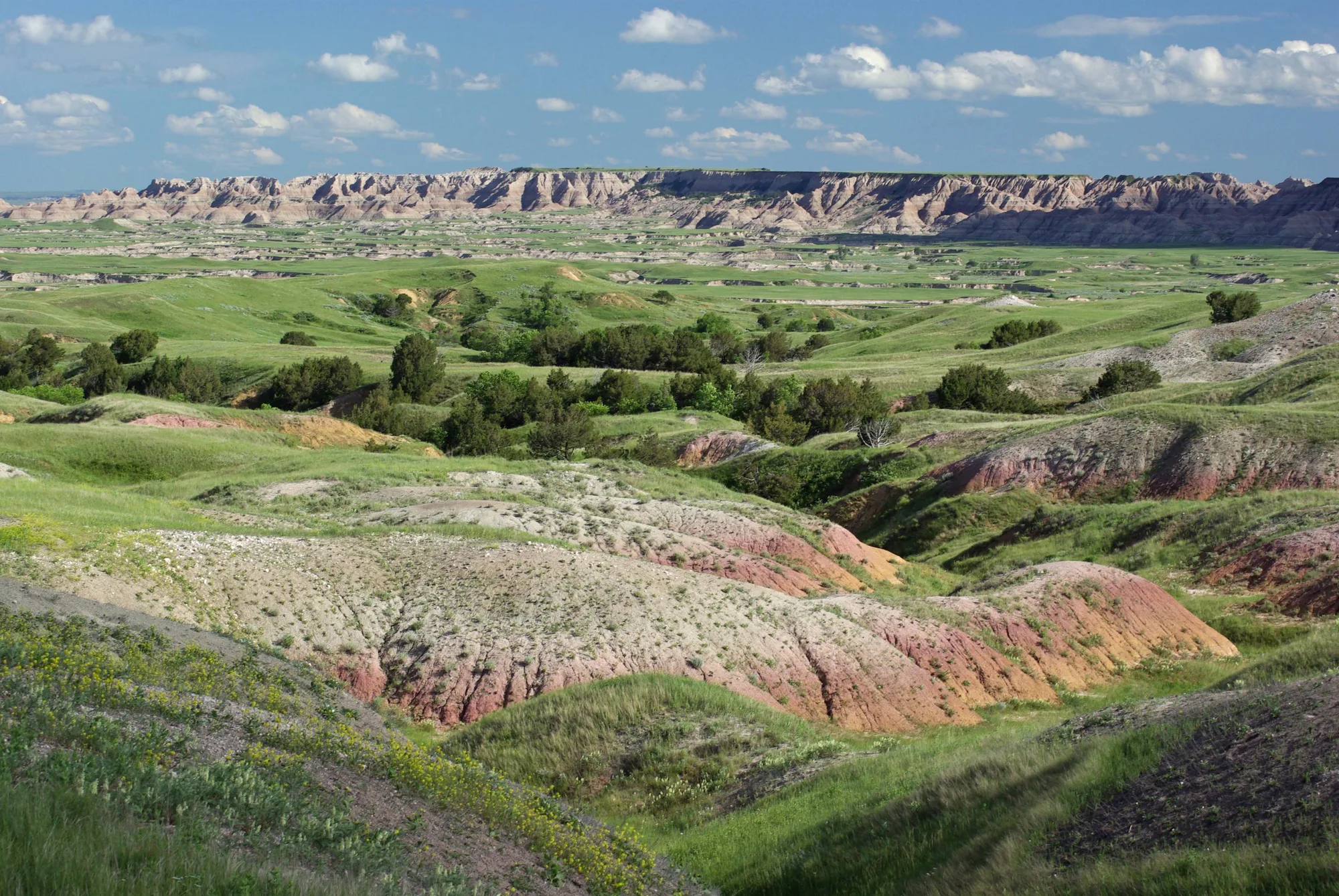 Layered rock formations at Badlands National Park