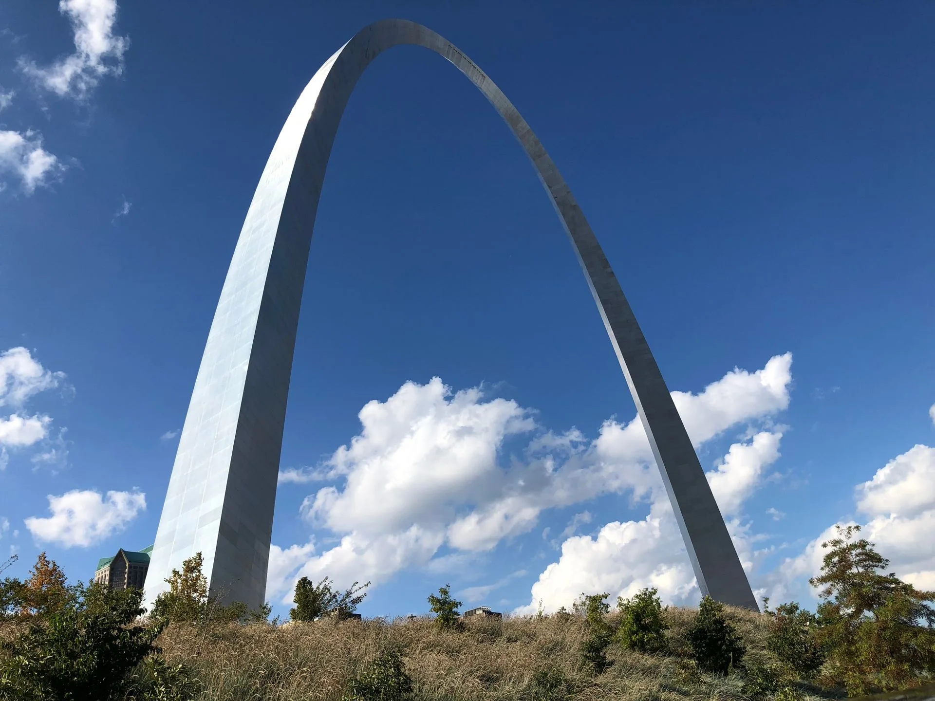Gateway Arch, low angle against blue sky, St. Louis