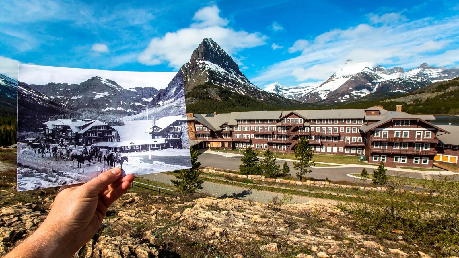Many Glacier Hotel in front of the mountains, Glacier National Park