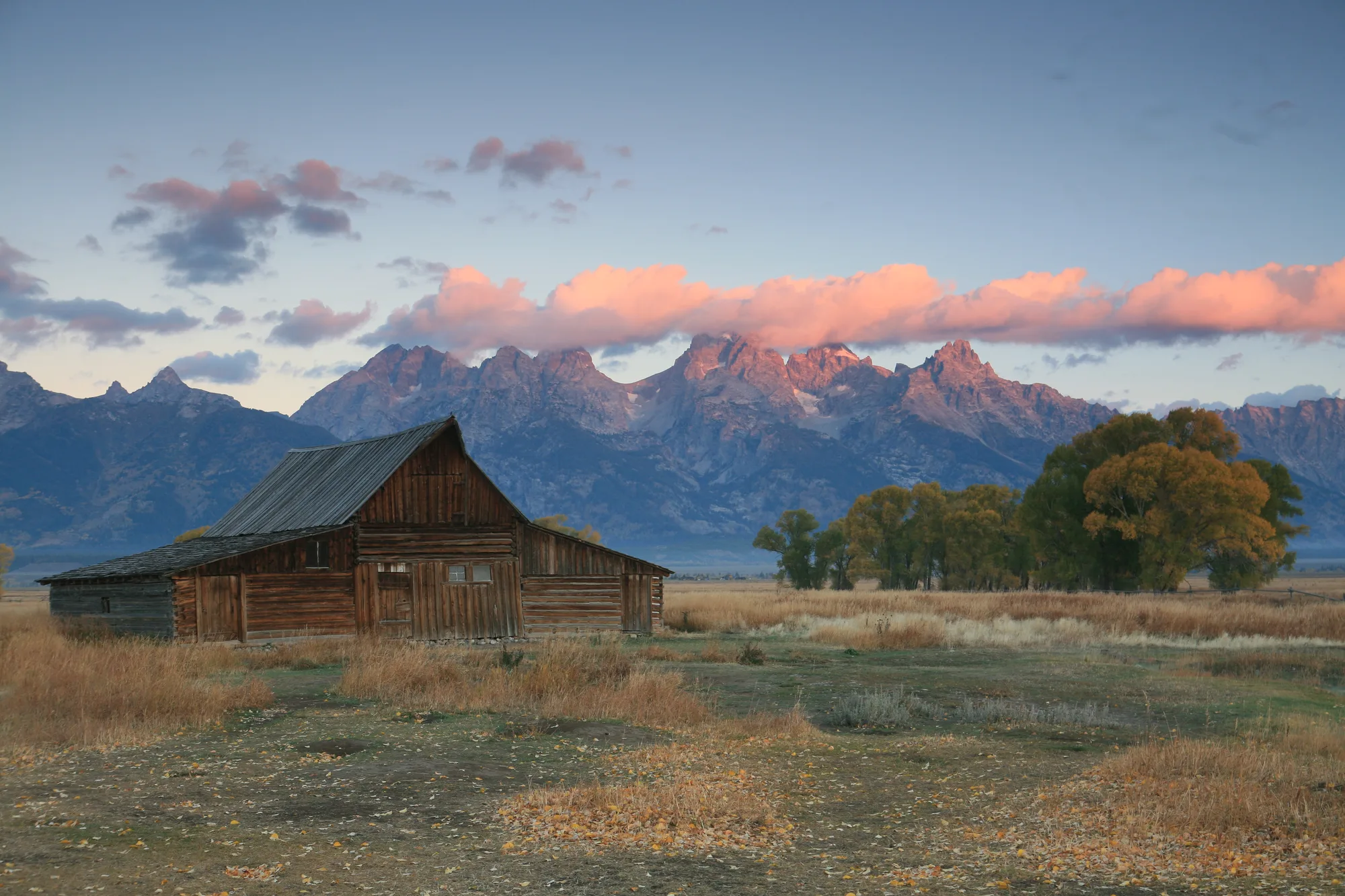 A weathered log barn with the Teton Range behind it, Mormon Row, Grand Teton National Park