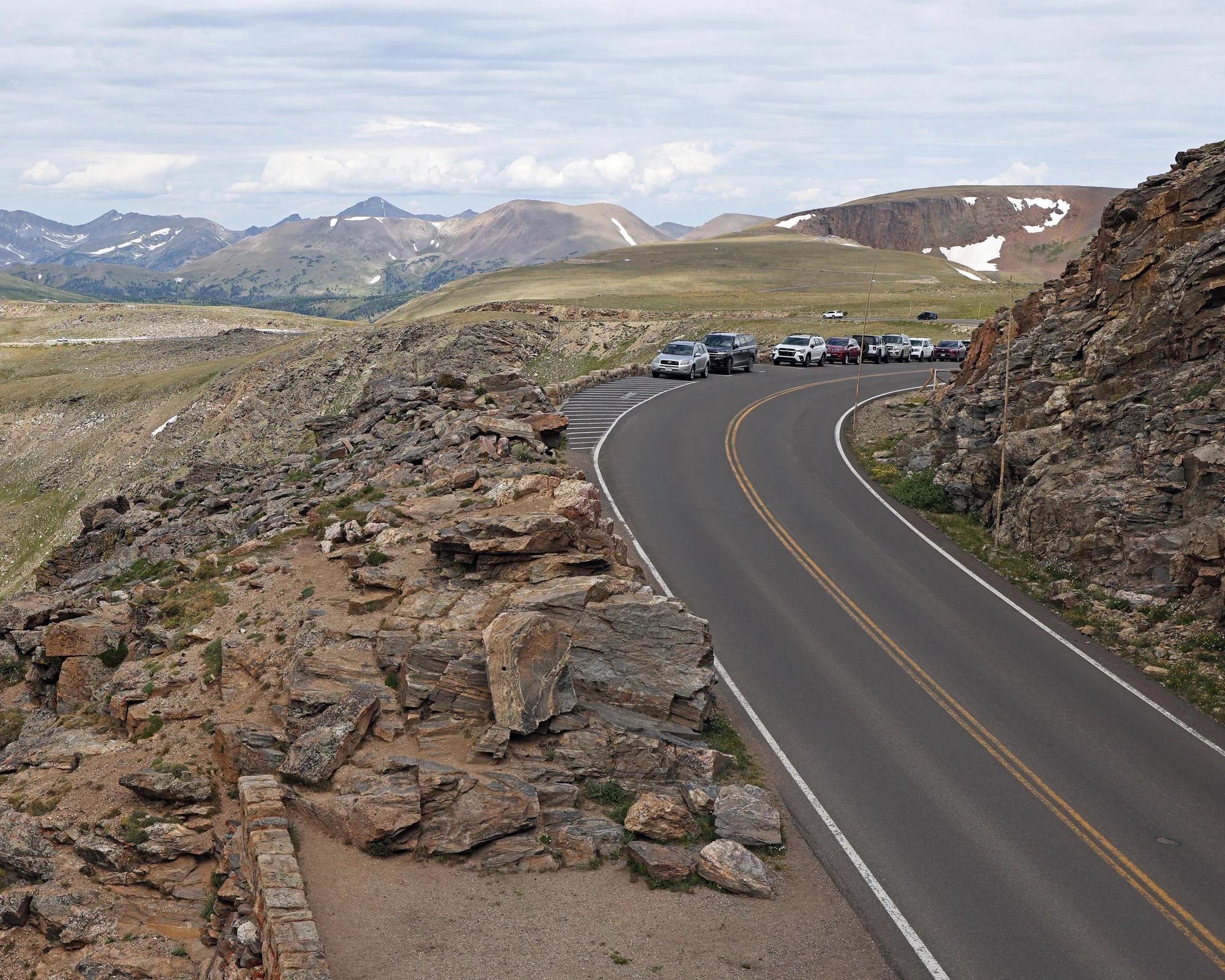 Trail Ridge Road winding through alpine terrain in summer, Rocky Mountain National Park